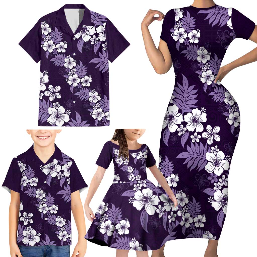 Hawaiian Hibiscus Tribal Floral Purple Family Matching Short Sleeve Bodycon Dress and Hawaiian Shirt Polynesian Tapa Pattern - Polynesian Pride