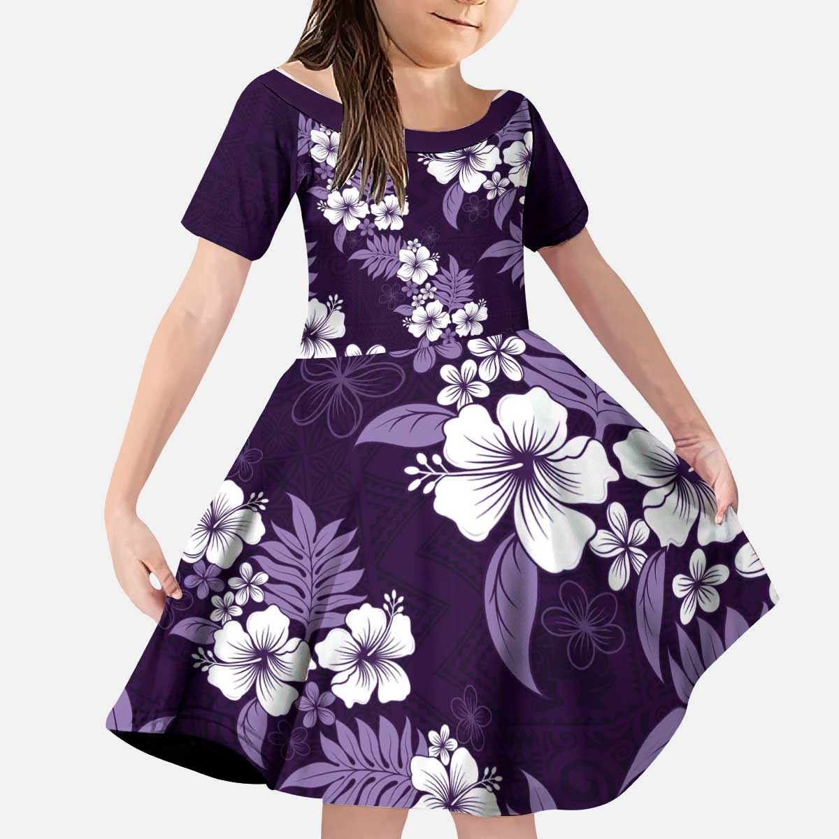 Hawaiian Hibiscus Tribal Floral Purple Kid Short Sleeve Dress Polynesian Tapa Pattern - Polynesian Pride