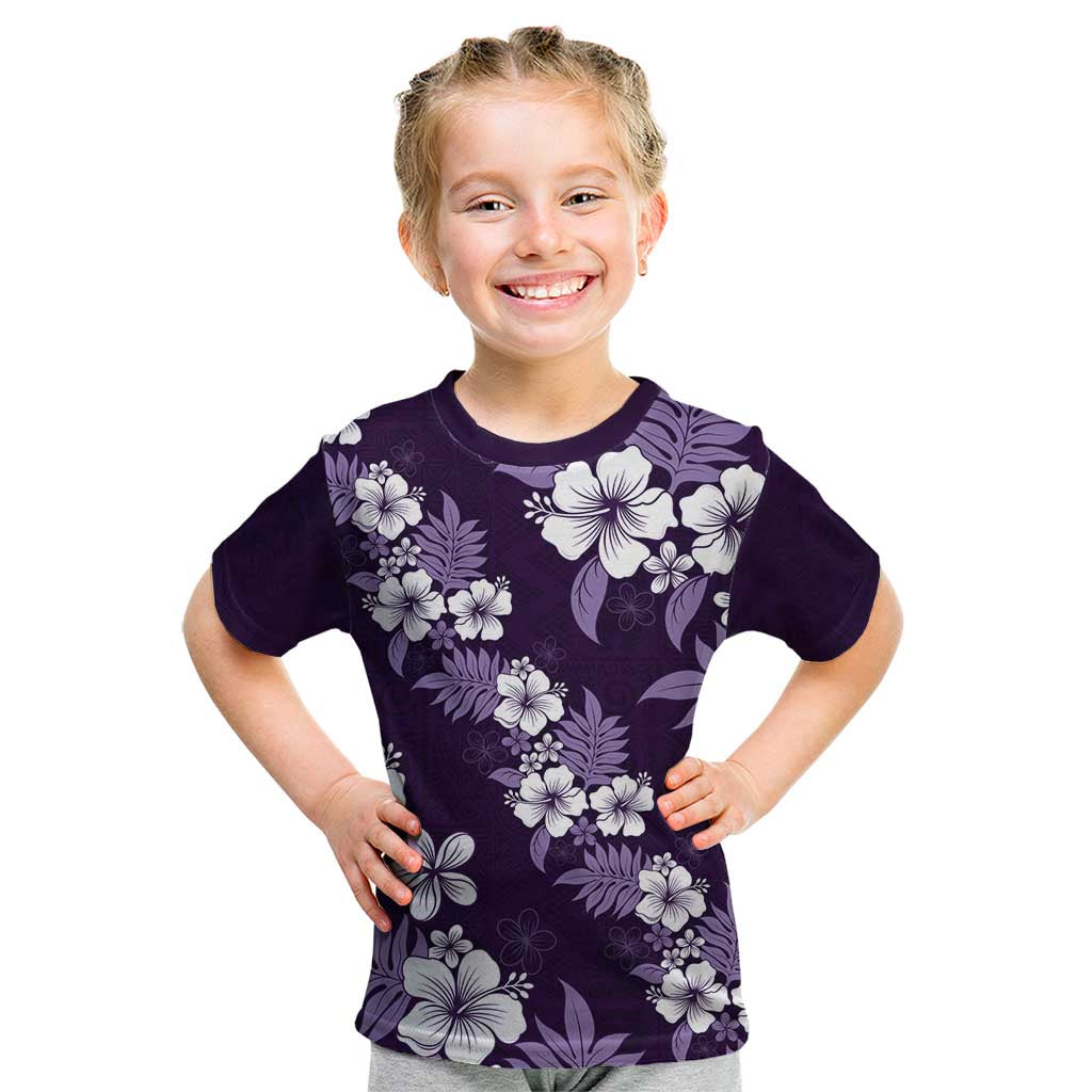 Hawaiian Hibiscus Tribal Floral Purple Kid T Shirt Polynesian Tapa Pattern - Polynesian Pride