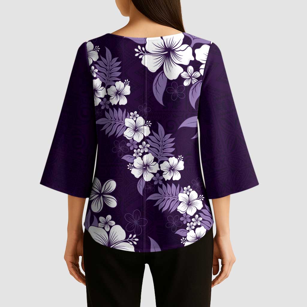 Hawaiian Hibiscus Tribal Floral Purple Kimono Sleeve Blouse Polynesian Tapa Pattern - Polynesian Pride
