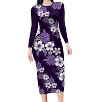 Hawaiian Hibiscus Tribal Floral Purple Long Sleeve Bodycon Dress Polynesian Tapa Pattern - Polynesian Pride