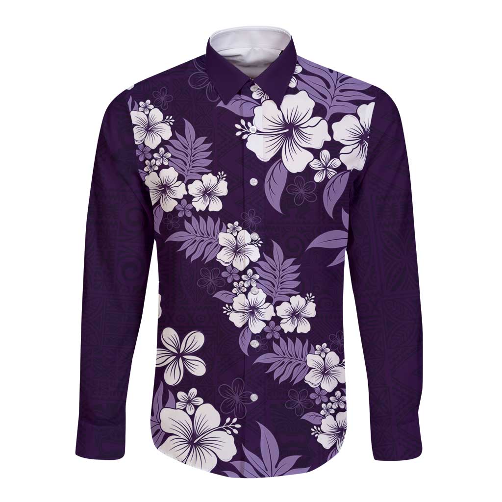 Hawaiian Hibiscus Tribal Floral Purple Long Sleeve Button Shirt Polynesian Tapa Pattern - Polynesian Pride