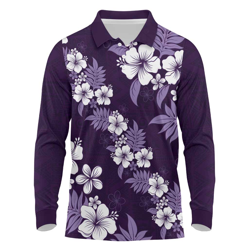 Hawaiian Hibiscus Tribal Floral Purple Long Sleeve Polo Shirt Polynesian Tapa Pattern - Polynesian Pride