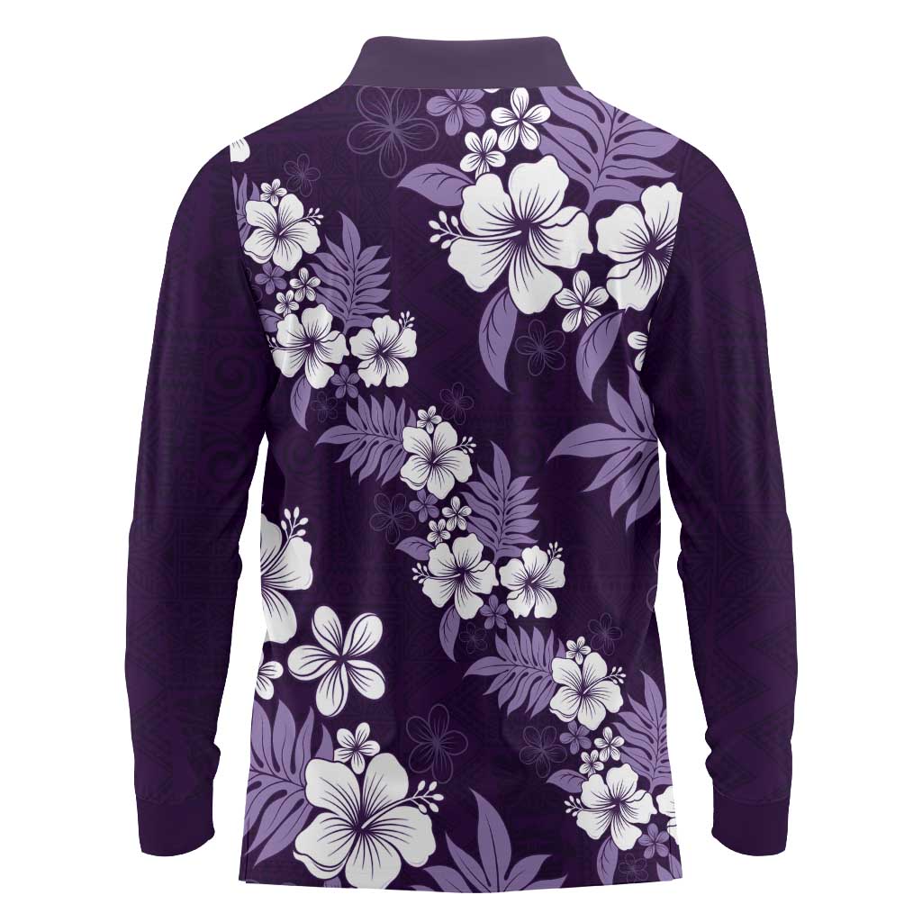 Hawaiian Hibiscus Tribal Floral Purple Long Sleeve Polo Shirt Polynesian Tapa Pattern - Polynesian Pride