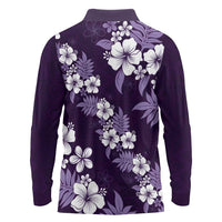 Hawaiian Hibiscus Tribal Floral Purple Long Sleeve Polo Shirt Polynesian Tapa Pattern - Polynesian Pride