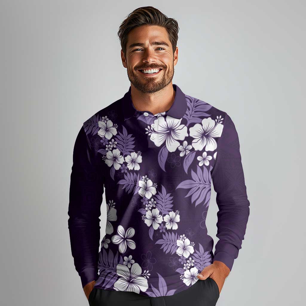 Hawaiian Hibiscus Tribal Floral Purple Long Sleeve Polo Shirt Polynesian Tapa Pattern - Polynesian Pride