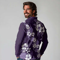 Hawaiian Hibiscus Tribal Floral Purple Long Sleeve Polo Shirt Polynesian Tapa Pattern - Polynesian Pride