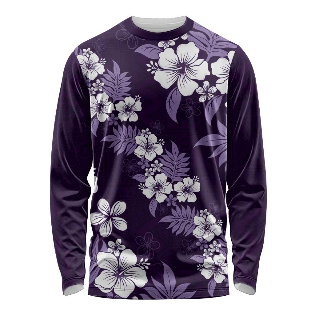 Hawaiian Hibiscus Tribal Floral Purple Long Sleeve Shirt Polynesian Tapa Pattern - Polynesian Pride