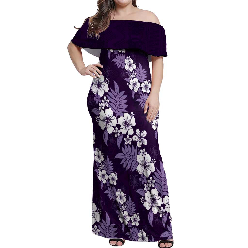 Hawaiian Hibiscus Tribal Floral Purple Off Shoulder Maxi Dress Polynesian Tapa Pattern - Polynesian Pride