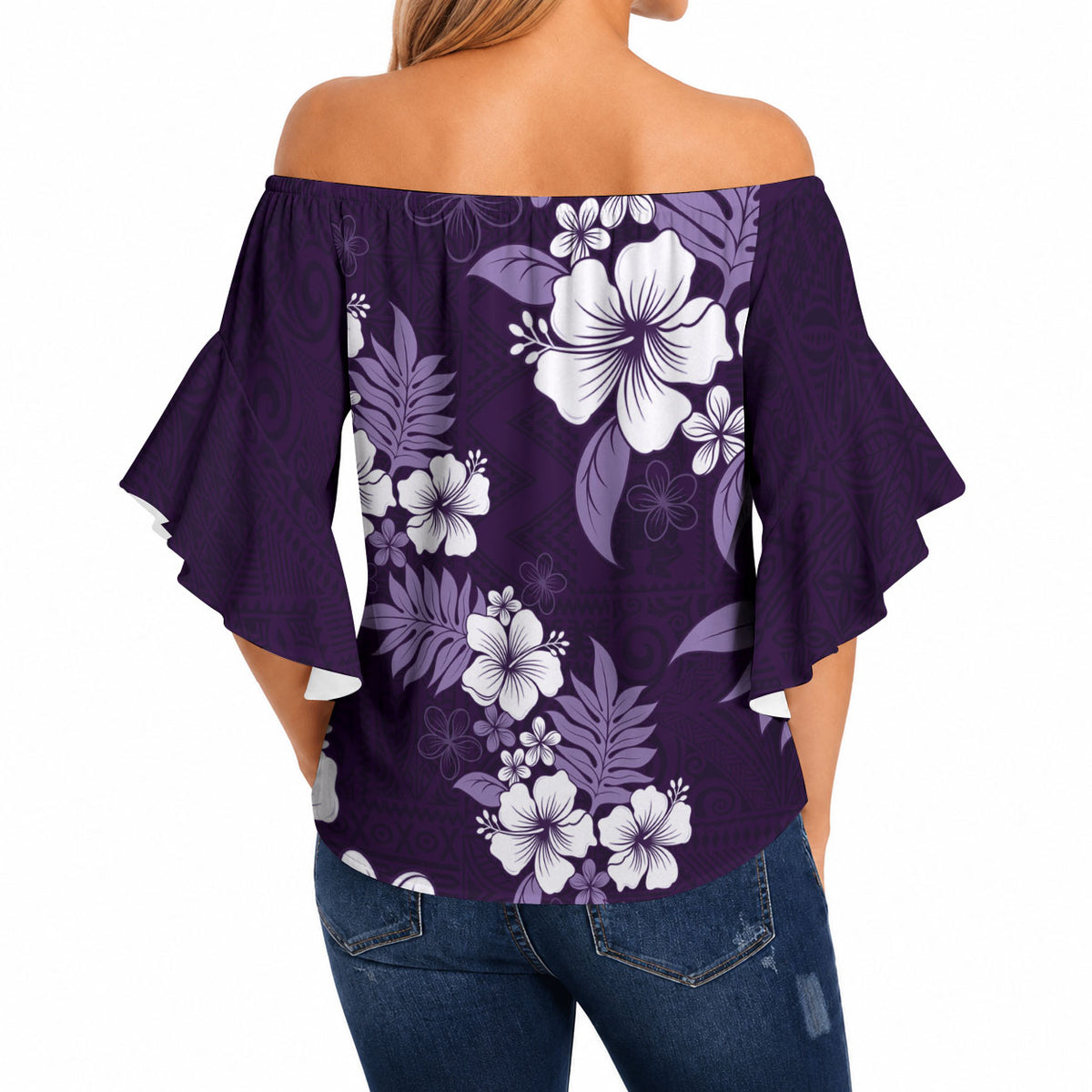 Hawaiian Hibiscus Tribal Floral Purple Off Shoulder Wrap Waist Top Polynesian Tapa Pattern LT01 - Polynesian Pride