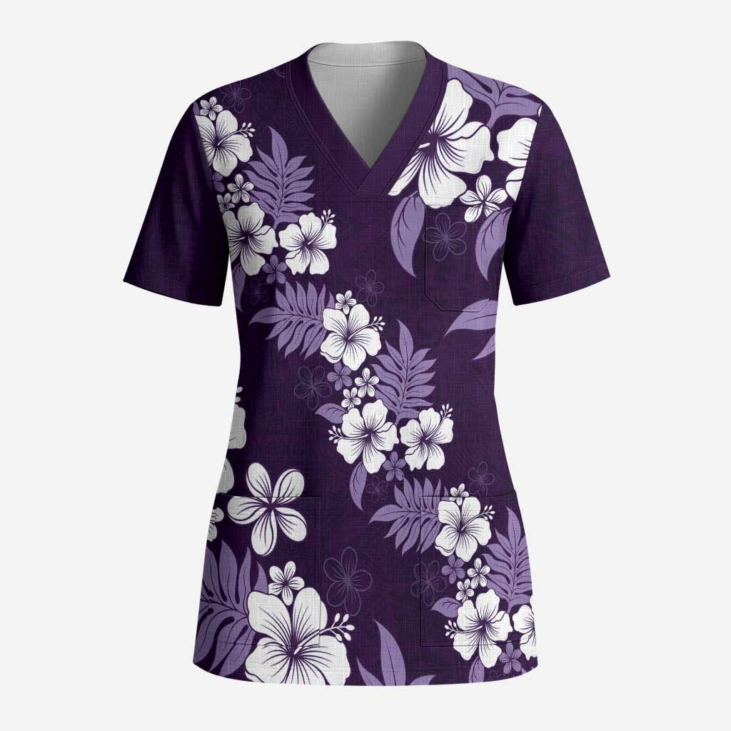 Hawaiian Hibiscus Tribal Floral Purple Scrub Top Polynesian Tapa Pattern - Polynesian Pride