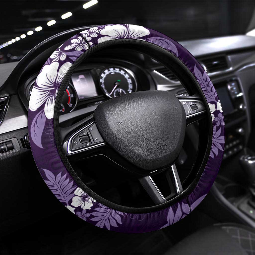 Hawaiian Hibiscus Tribal Floral Purple Steering Wheel Cover Polynesian Tapa Pattern - Polynesian Pride