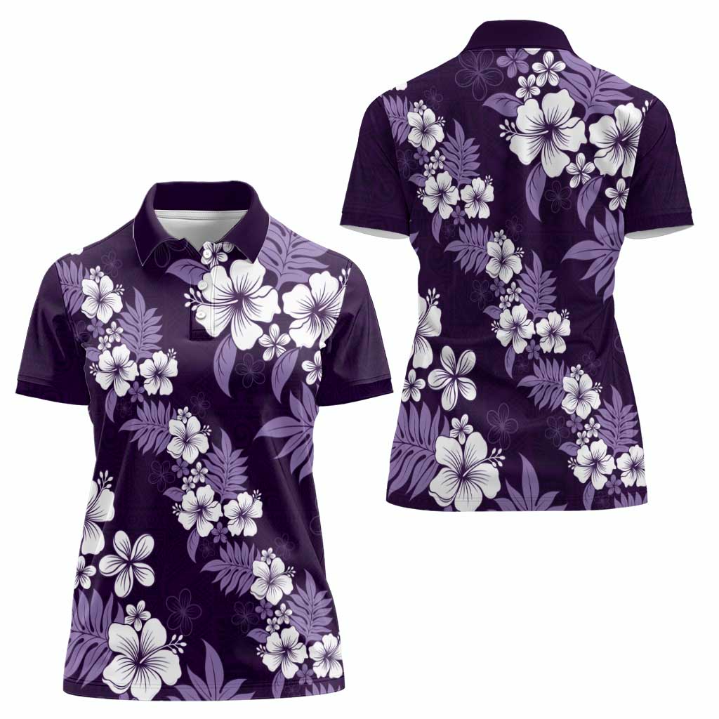 Hawaiian Hibiscus Tribal Floral Purple Women Polo Shirt Polynesian Tapa Pattern - Polynesian Pride