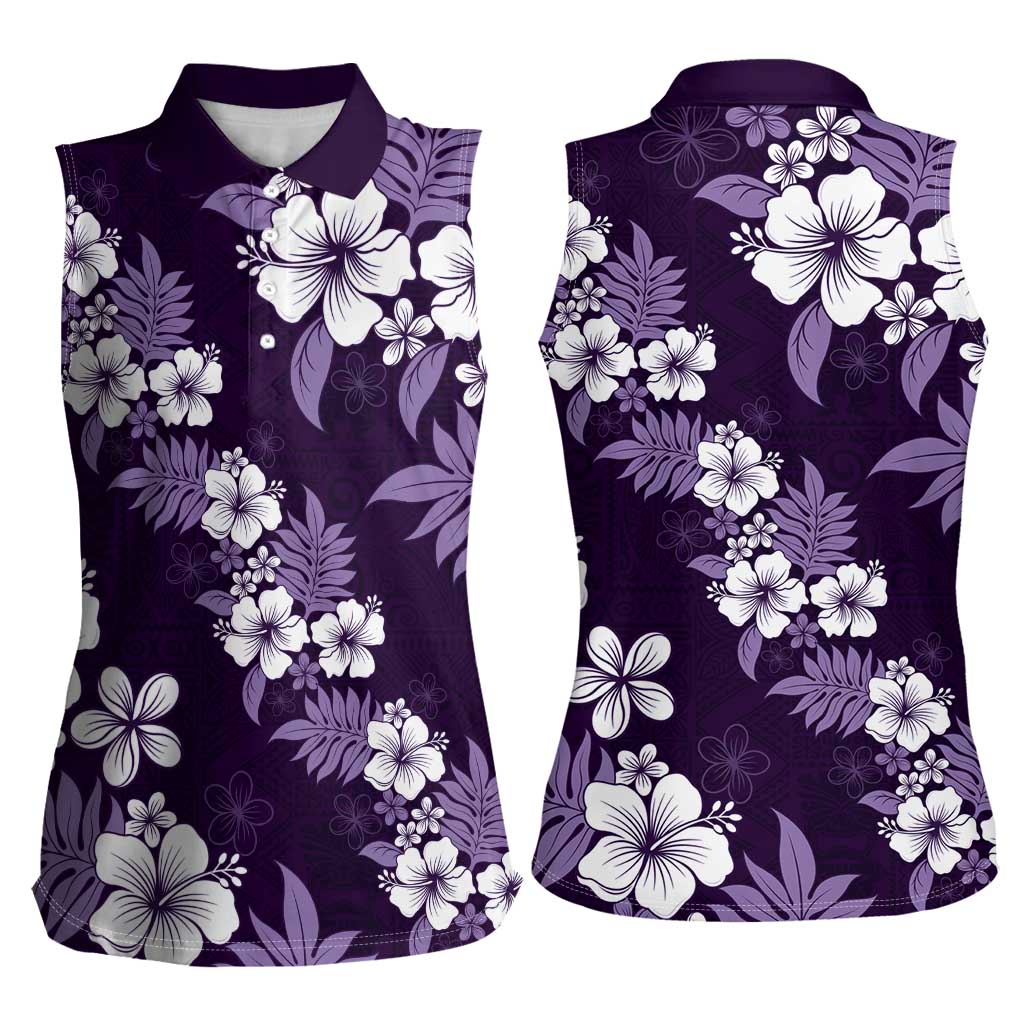 Hawaiian Hibiscus Tribal Floral Purple Women Sleeveless Polo Shirt Polynesian Tapa Pattern - Polynesian Pride