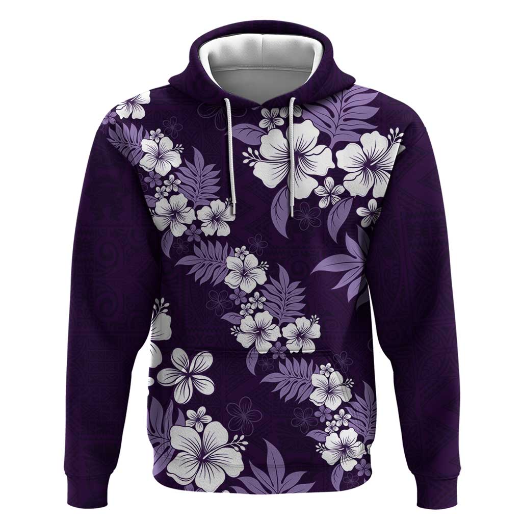 Hawaiian Hibiscus Tribal Floral Purple Zip Hoodie Polynesian Tapa Pattern - Polynesian Pride