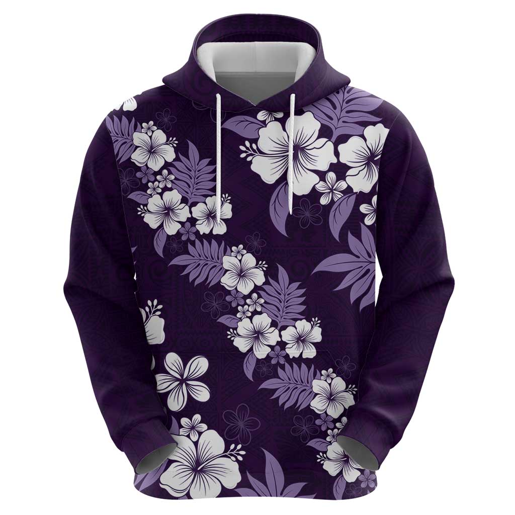 Hawaiian Hibiscus Tribal Floral Purple Zip Hoodie Polynesian Tapa Pattern - Polynesian Pride