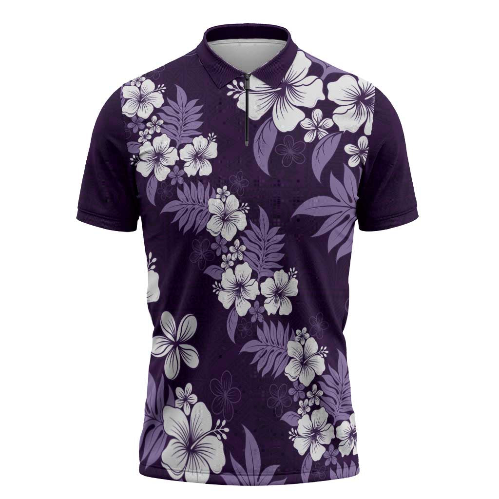 Hawaiian Hibiscus Tribal Floral Purple Zipper Polo Shirt Polynesian Tapa Pattern - Polynesian Pride