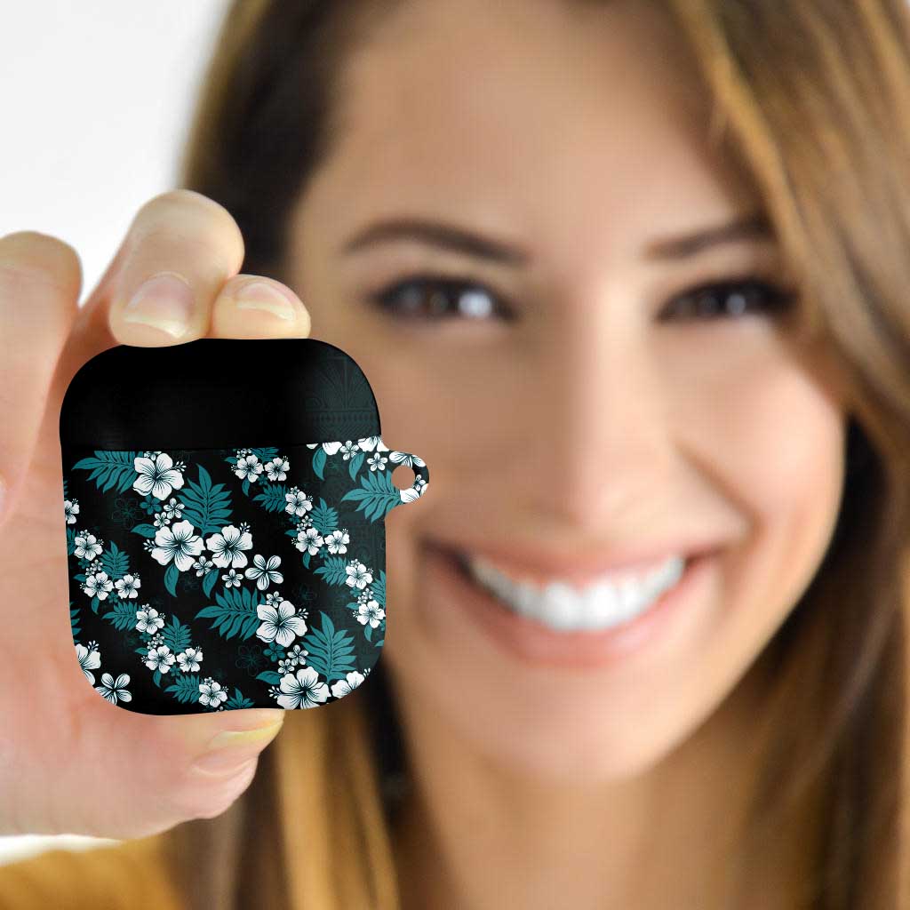 Hawaiian Hibiscus Tribal Floral Teal AirPods Case Polynesian Tapa Pattern - Polynesian Pride
