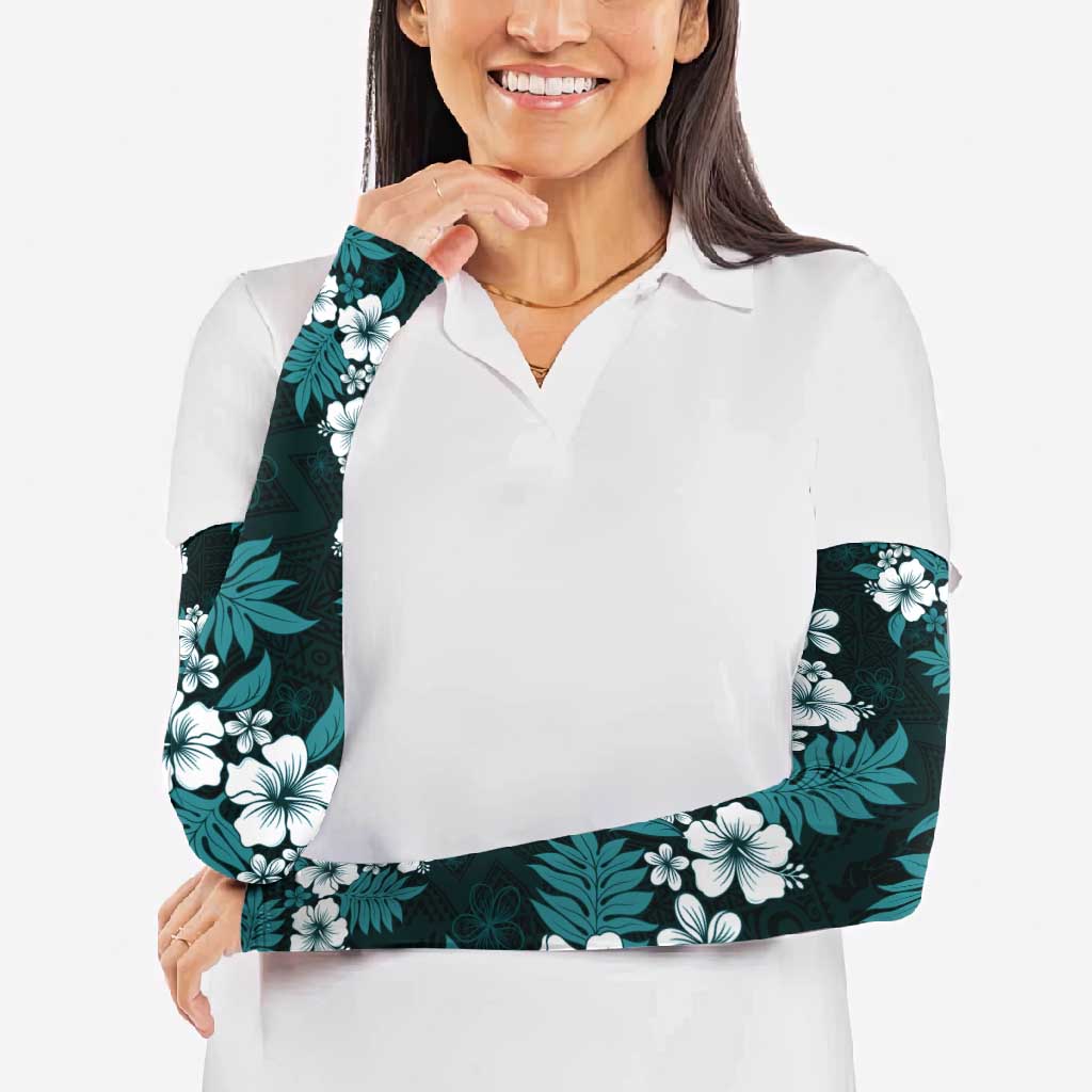 Hawaiian Hibiscus Tribal Floral Teal Arm Sleeves Polynesian Tapa Pattern - Polynesian Pride