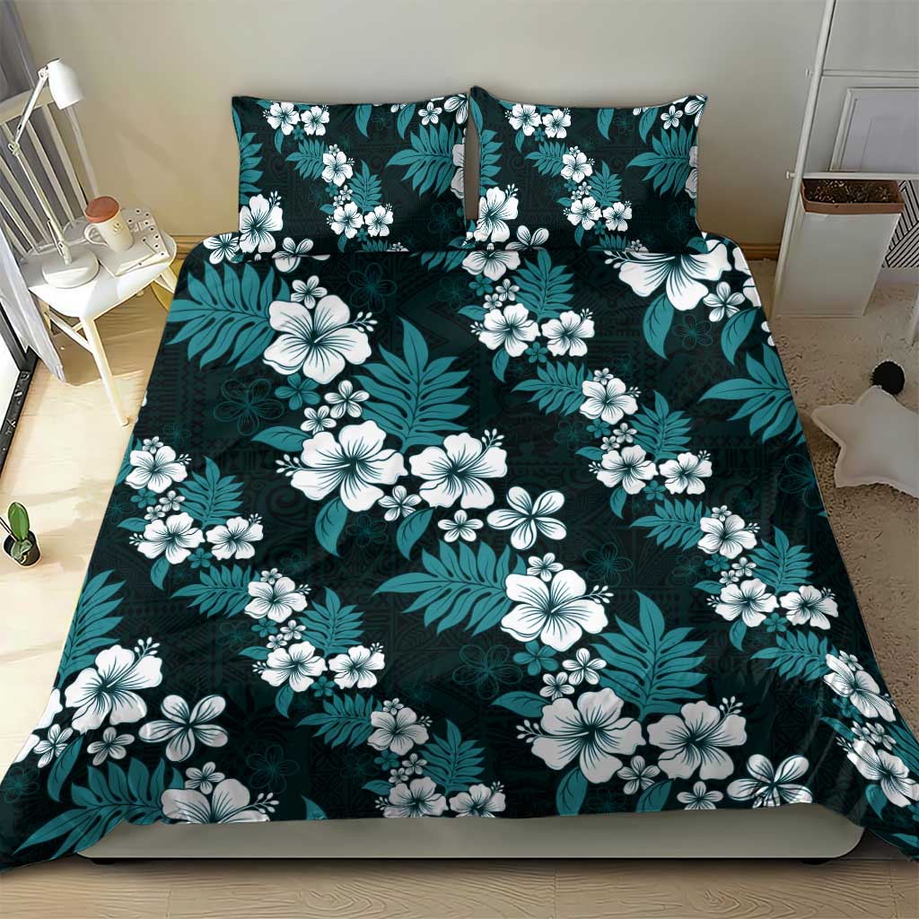 Hawaiian Hibiscus Tribal Floral Teal Bedding Set Polynesian Tapa Pattern - Polynesian Pride