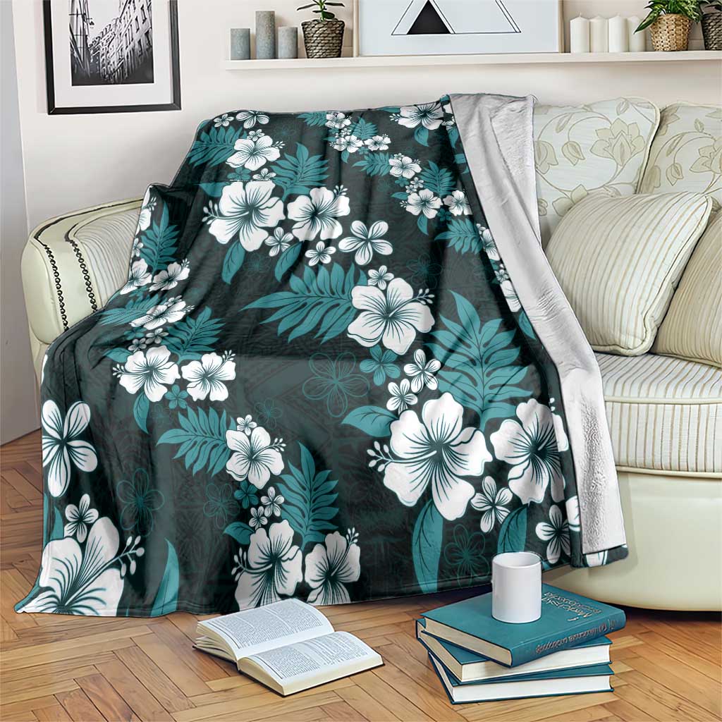 Hawaiian Hibiscus Tribal Floral Teal Blanket Polynesian Tapa Pattern - Polynesian Pride