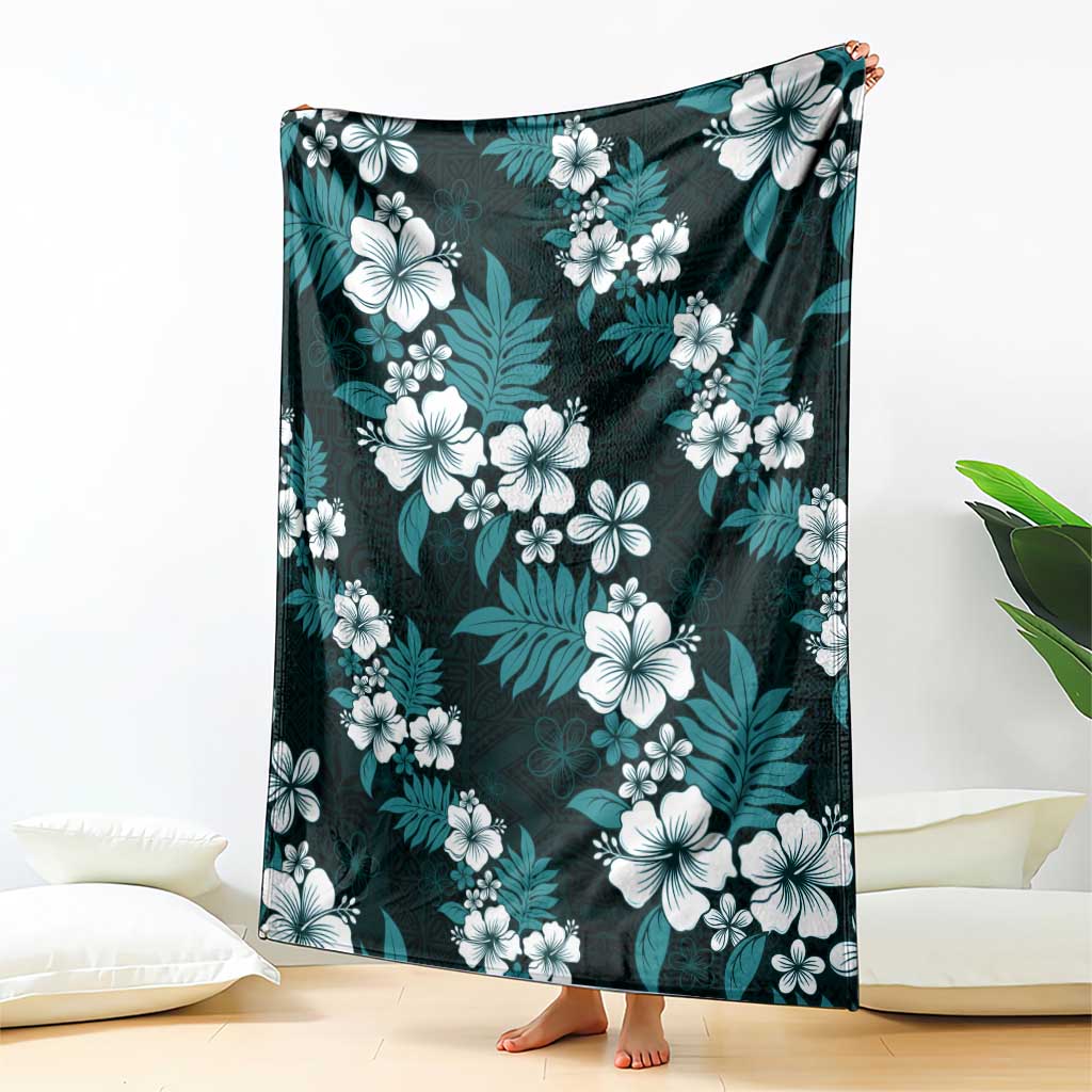 Hawaiian Hibiscus Tribal Floral Teal Blanket Polynesian Tapa Pattern - Polynesian Pride