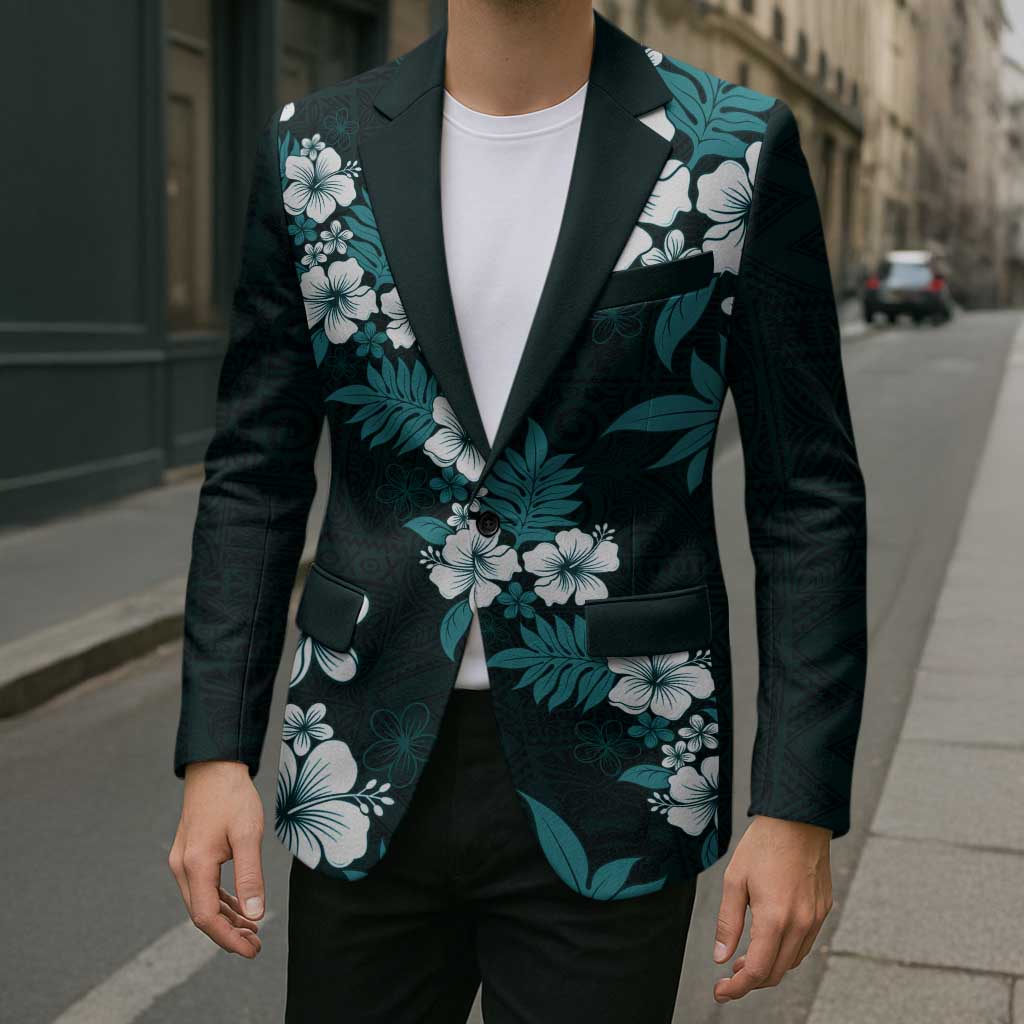 Hawaiian Hibiscus Tribal Floral Teal Blazer Polynesian Tapa Pattern - Polynesian Pride