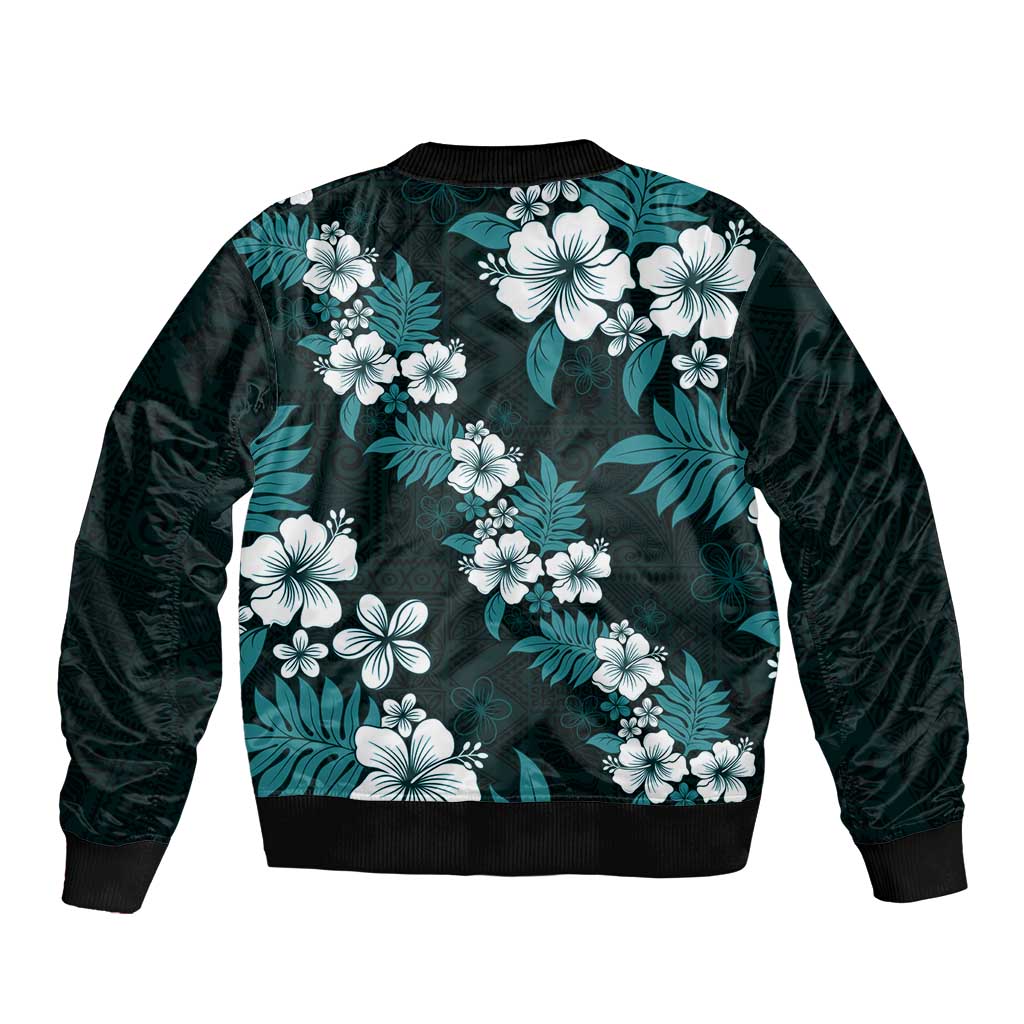 Hawaiian Hibiscus Tribal Floral Teal Bomber Jacket Polynesian Tapa Pattern LT01 - Polynesian Pride