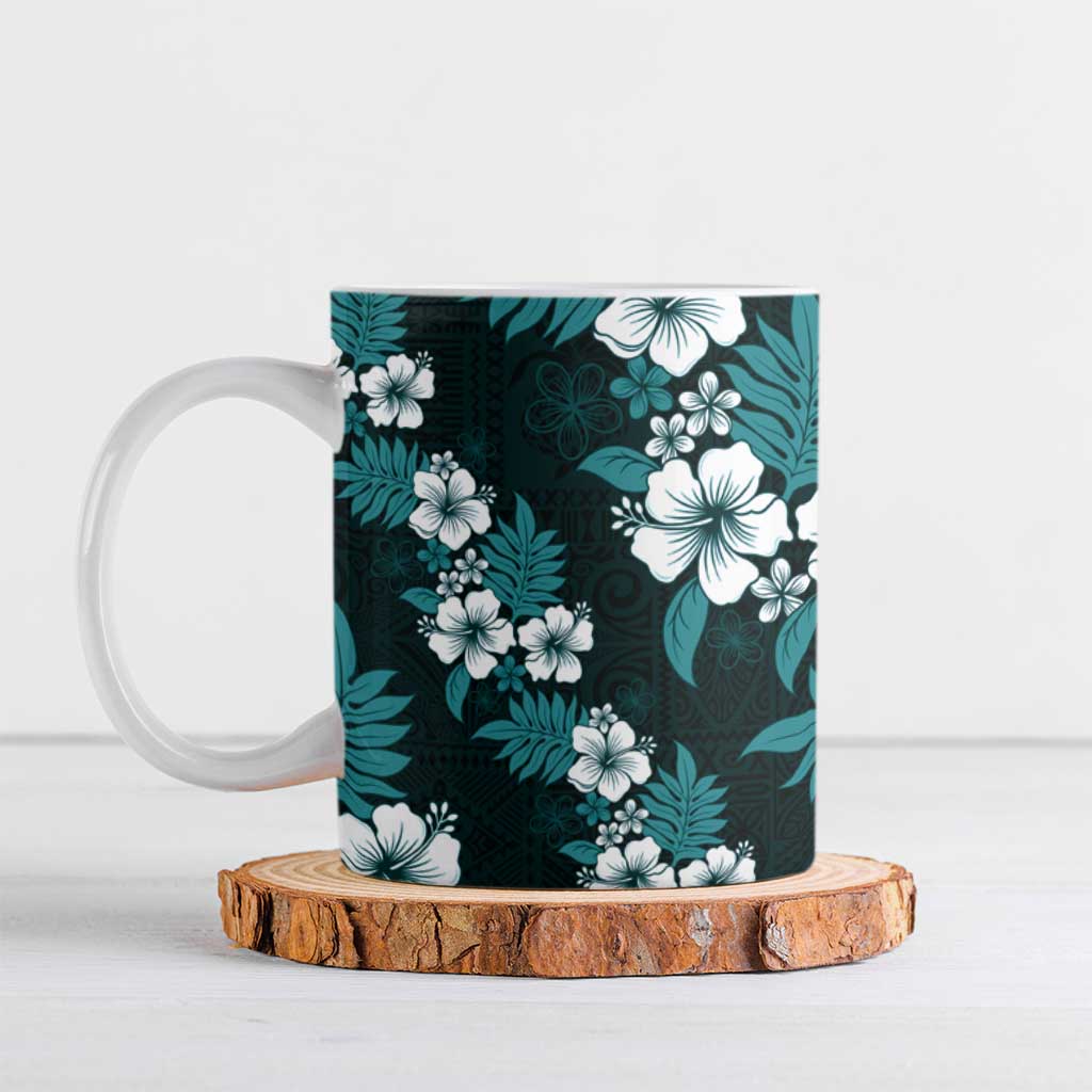 Hawaiian Hibiscus Tribal Floral Teal Ceramic Mug Polynesian Tapa Pattern - Polynesian Pride