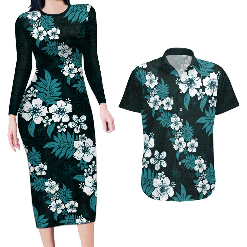 Hawaiian Hibiscus Tribal Floral Teal Couples Matching Long Sleeve Bodycon Dress and Hawaiian Shirt Polynesian Tapa Pattern LT01 Teal - Polynesian Pride