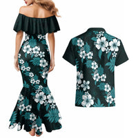 Hawaiian Hibiscus Tribal Floral Teal Couples Matching Mermaid Dress and Hawaiian Shirt Polynesian Tapa Pattern LT01 - Polynesian Pride