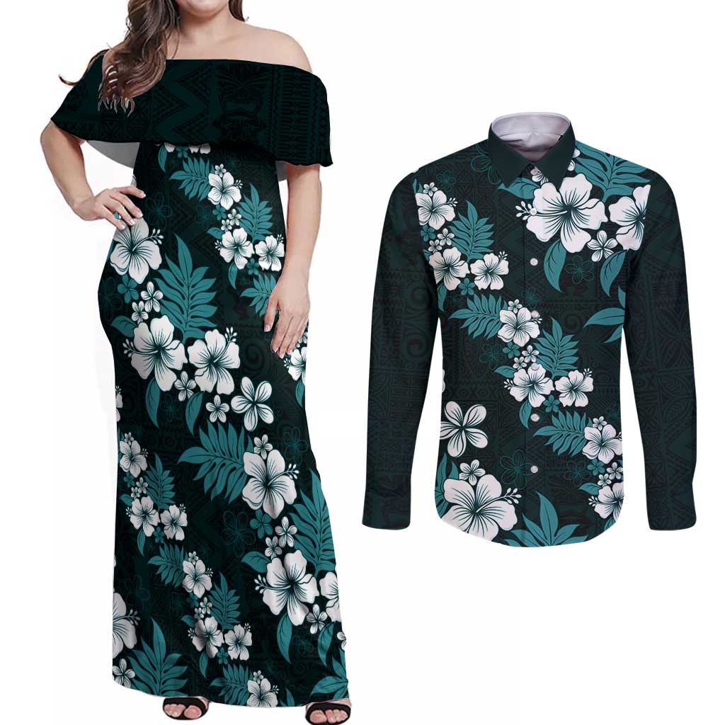 Hawaiian Hibiscus Tribal Floral Teal Couples Matching Off Shoulder Maxi Dress and Long Sleeve Button Shirt Polynesian Tapa Pattern LT01 Teal - Polynesian Pride