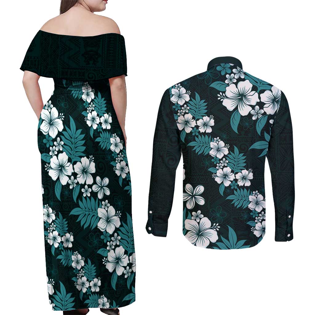 Hawaiian Hibiscus Tribal Floral Teal Couples Matching Off Shoulder Maxi Dress and Long Sleeve Button Shirt Polynesian Tapa Pattern LT01 - Polynesian Pride