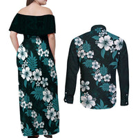 Hawaiian Hibiscus Tribal Floral Teal Couples Matching Off Shoulder Maxi Dress and Long Sleeve Button Shirt Polynesian Tapa Pattern LT01 - Polynesian Pride