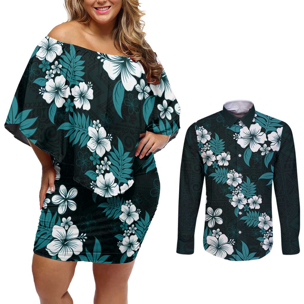 Hawaiian Hibiscus Tribal Floral Teal Couples Matching Off Shoulder Short Dress and Long Sleeve Button Shirt Polynesian Tapa Pattern LT01 Teal - Polynesian Pride