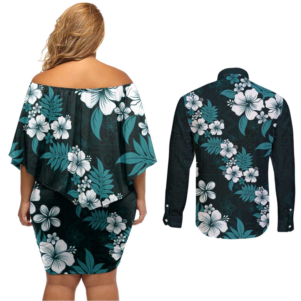 Hawaiian Hibiscus Tribal Floral Teal Couples Matching Off Shoulder Short Dress and Long Sleeve Button Shirt Polynesian Tapa Pattern LT01 - Polynesian Pride