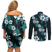 Hawaiian Hibiscus Tribal Floral Teal Couples Matching Off Shoulder Short Dress and Long Sleeve Button Shirt Polynesian Tapa Pattern LT01 - Polynesian Pride