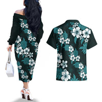 Hawaiian Hibiscus Tribal Floral Teal Couples Matching Off The Shoulder Long Sleeve Dress and Hawaiian Shirt Polynesian Tapa Pattern LT01 - Polynesian Pride