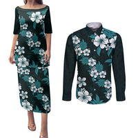 Hawaiian Hibiscus Tribal Floral Teal Couples Matching Puletasi and Long Sleeve Button Shirt Polynesian Tapa Pattern LT01 Teal - Polynesian Pride