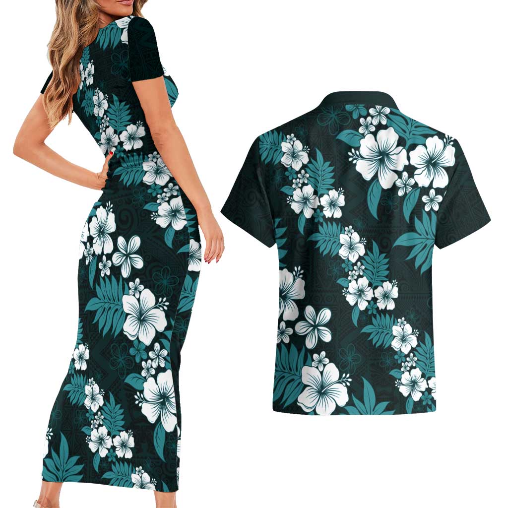 Hawaiian Hibiscus Tribal Floral Teal Couples Matching Short Sleeve Bodycon Dress and Hawaiian Shirt Polynesian Tapa Pattern LT01 - Polynesian Pride