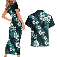 Hawaiian Hibiscus Tribal Floral Teal Couples Matching Short Sleeve Bodycon Dress and Hawaiian Shirt Polynesian Tapa Pattern LT01 - Polynesian Pride