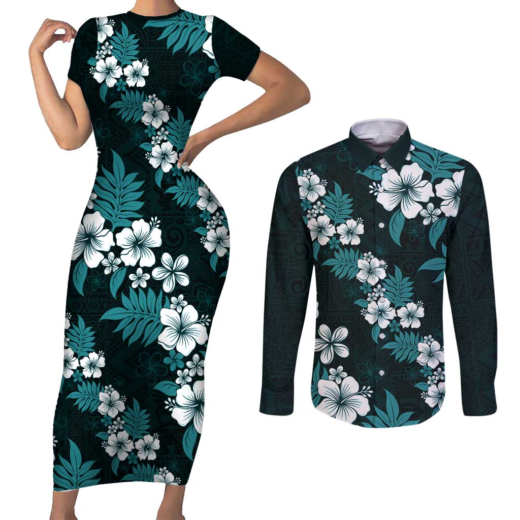 Hawaiian Hibiscus Tribal Floral Teal Couples Matching Short Sleeve Bodycon Dress and Long Sleeve Button Shirt Polynesian Tapa Pattern - Polynesian Pride