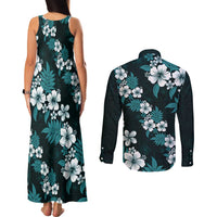 Hawaiian Hibiscus Tribal Floral Teal Couples Matching Tank Maxi Dress and Long Sleeve Button Shirt Polynesian Tapa Pattern LT01 - Polynesian Pride