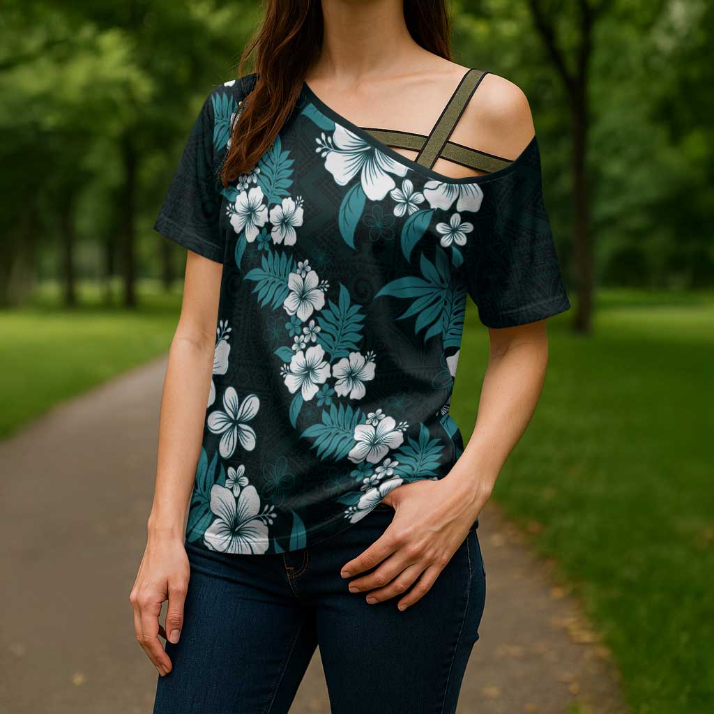 Hawaiian Hibiscus Tribal Floral Teal Cross Shoulder Shirt Polynesian Tapa Pattern - Polynesian Pride