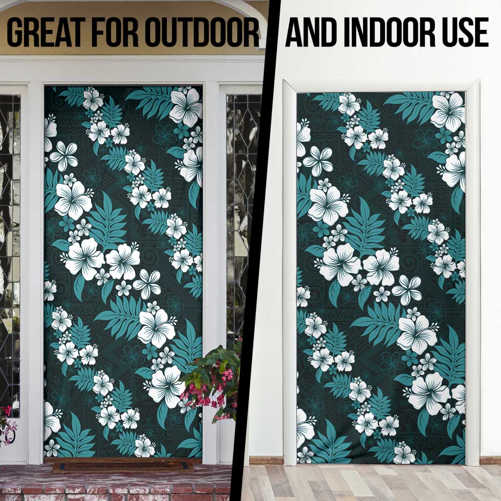 Hawaiian Hibiscus Tribal Floral Teal Door Cover Polynesian Tapa Pattern - Polynesian Pride