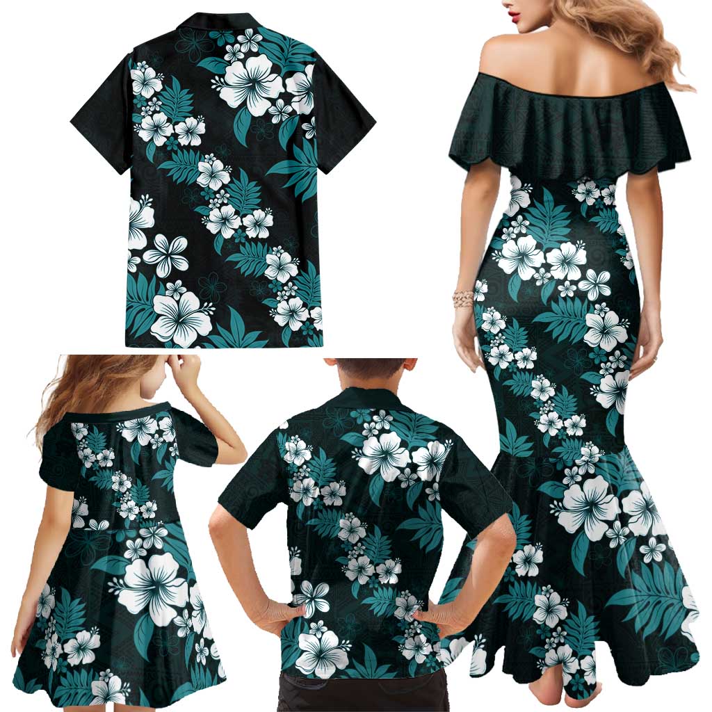 Hawaiian Hibiscus Tribal Floral Teal Family Matching Mermaid Dress and Hawaiian Shirt Polynesian Tapa Pattern - Polynesian Pride