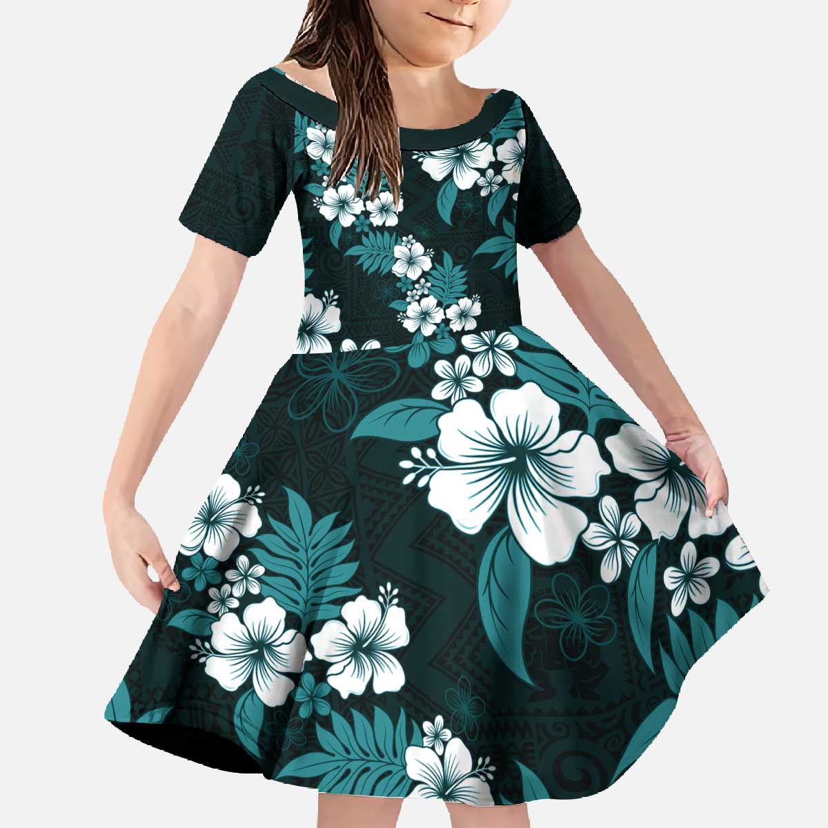 Hawaiian Hibiscus Tribal Floral Teal Family Matching Off The Shoulder Long Sleeve Dress and Hawaiian Shirt Polynesian Tapa Pattern LT01 Daughter's Dress Teal - Polynesian Pride