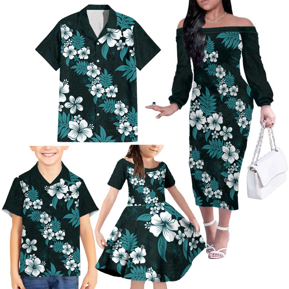 Hawaiian Hibiscus Tribal Floral Teal Family Matching Off The Shoulder Long Sleeve Dress and Hawaiian Shirt Polynesian Tapa Pattern LT01 - Polynesian Pride