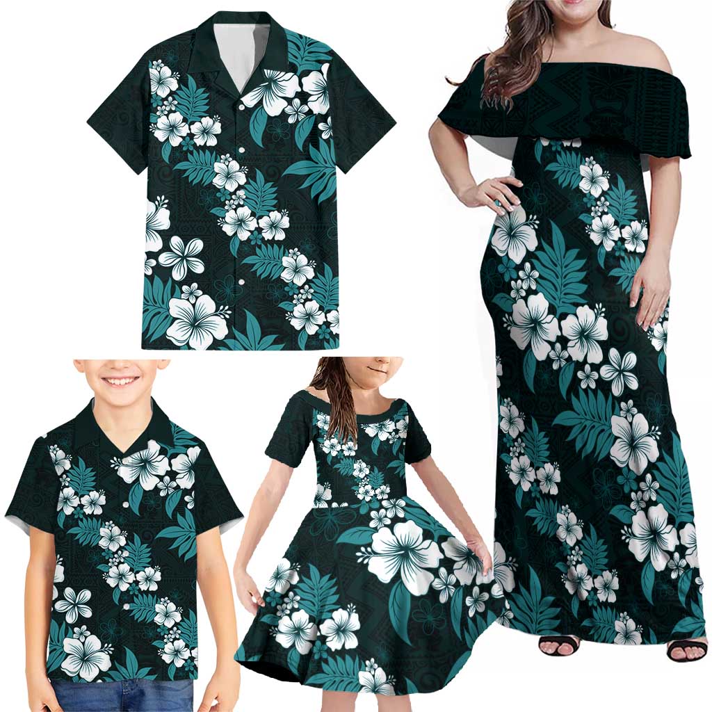 Hawaiian Hibiscus Tribal Floral Teal Family Matching Off Shoulder Maxi Dress and Hawaiian Shirt Polynesian Tapa Pattern - Polynesian Pride