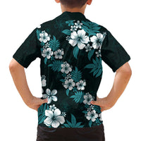 Hawaiian Hibiscus Tribal Floral Teal Family Matching Off Shoulder Short Dress and Hawaiian Shirt Polynesian Tapa Pattern LT01 - Polynesian Pride